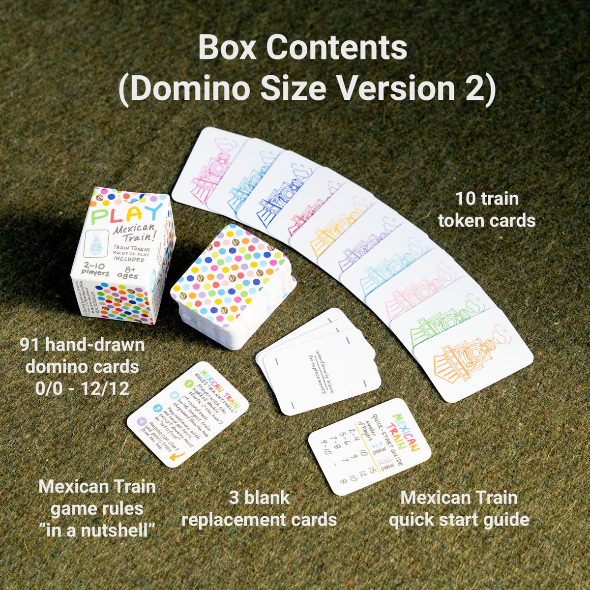 The box contents of small micro domino sized playing card deck laid out neatly on a table in piles with each labeled: 10 train token cards, 3 blank replacements, 91 hand drawn domino cards (0/0-12/12), Mexican Train game rules &quot;in a nut shell&quot; and Mexican Train game quick start guide. 