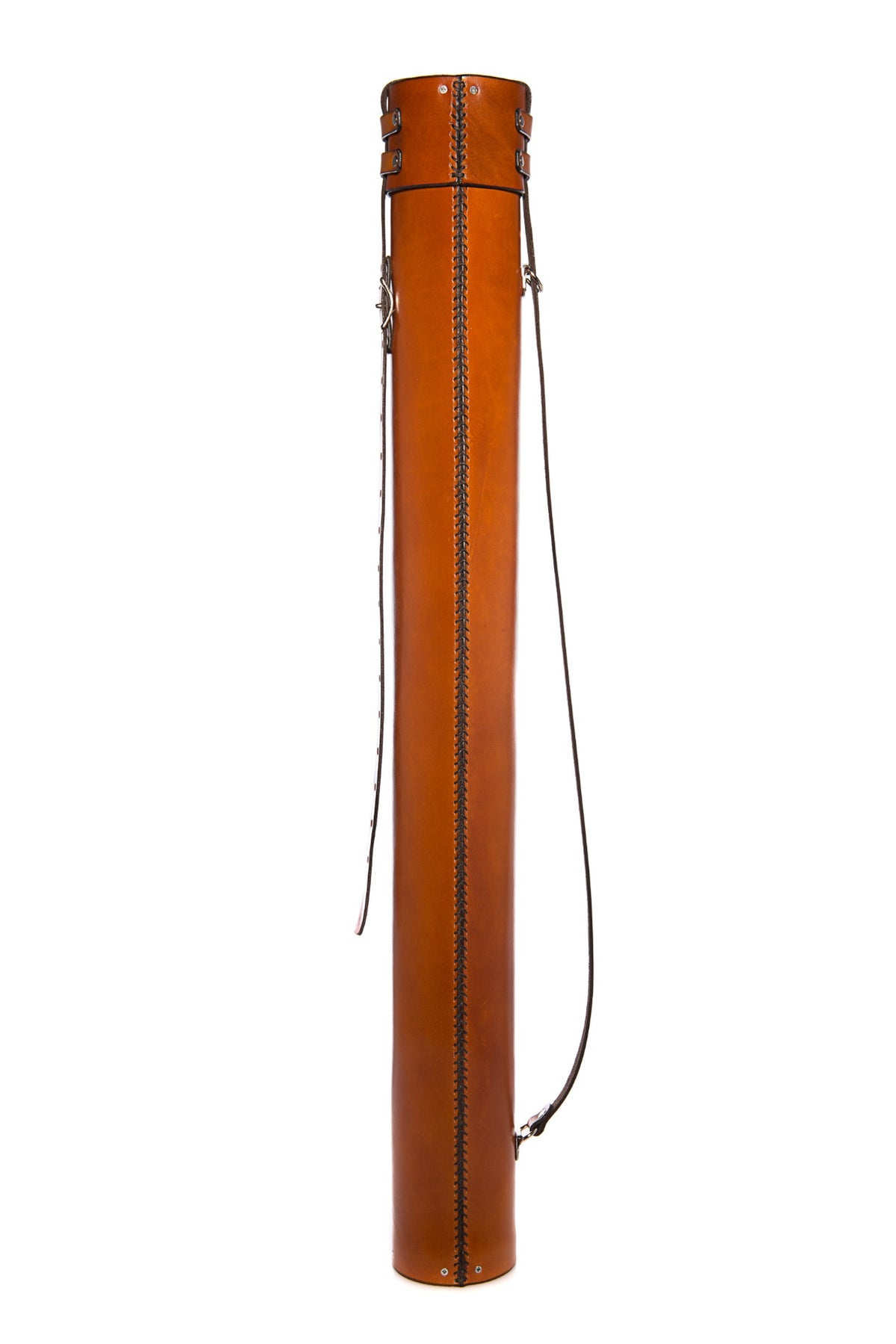 Warm honey-brown leather cylindrical bag with carrying strap on a white background