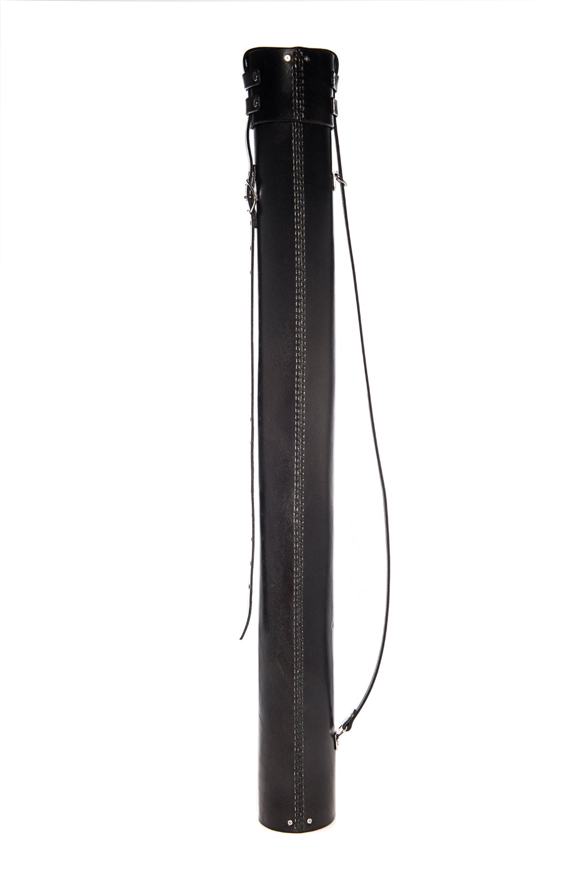 Tall, oblong back cylindrical leather bag with a strap on a white background