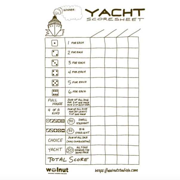 Yacht dice game scoresheet (free printable) with hand-drawn text and drawings