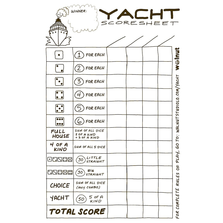 Yacht (Yatzy) hand-drawn dice game score sheet with scoring criteria on a white background for printing
