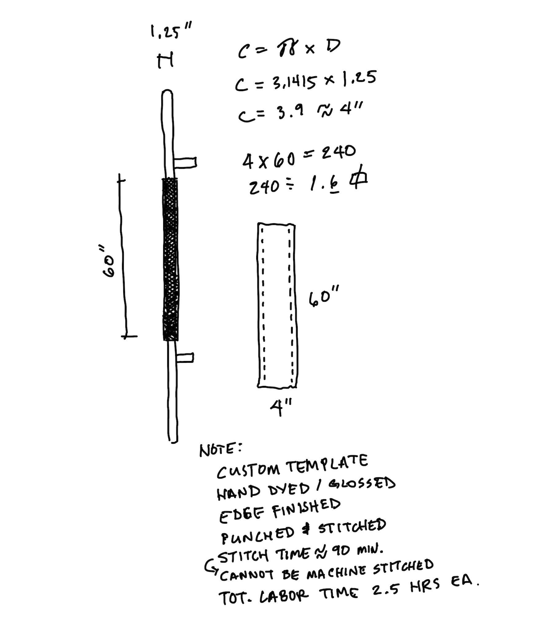 A hand-drawn sketch of a door handle in profile view wrapped in leather, and the wrap that goes around it, with math notations and custom work notes like, custom template, hand dyed/glossed, stitch time 90 min, etc. 