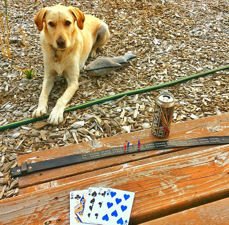Customer photo playing cribbage at the dog park with his yellow Labrador retriever, black cribbage belt, beer on a picnic table