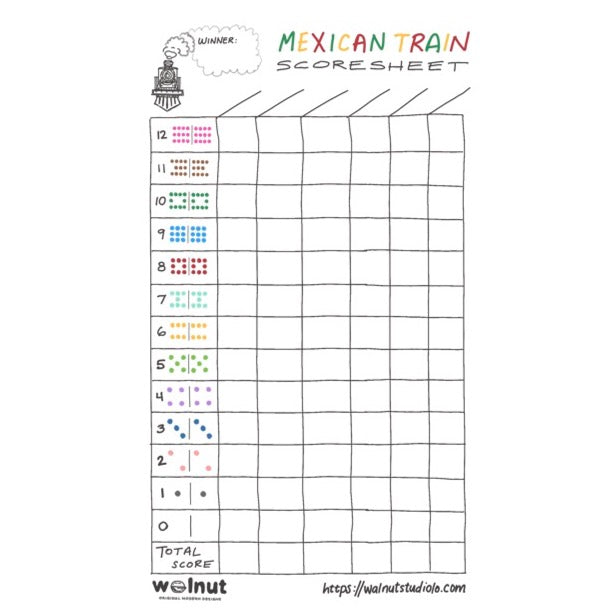 Mexican Train domino game scoresheet (made to match Walnut Studiolo's Travel Domino Playing Cards Version 1)