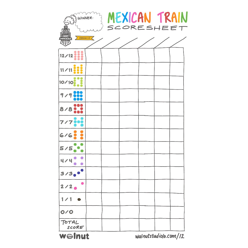 Mexican Train domino game scoresheet (made to match Walnut Studiolo's Travel Domino Playing Cards Version 2)