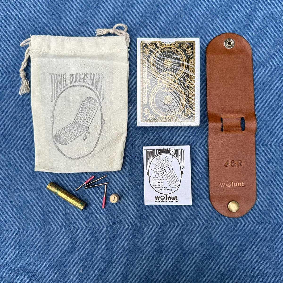 Walnut Studiolo AS-IS AS-IS SALE Original Travel Cribbage Board 2 &quot;J&amp;R&quot; Monogram, Tarnished Wire Peg Tube, Gift Set with Tight Strings and 1885 Cards (#004)
