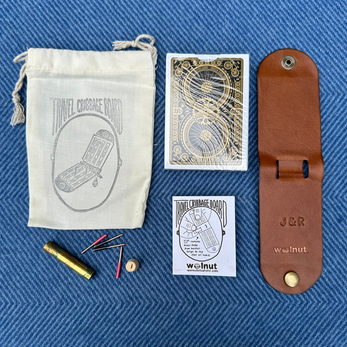Walnut Studiolo AS-IS AS-IS SALE Original Travel Cribbage Board &quot;J&amp;R&quot; Monogram, Tarnished Wire Peg Tube, Gift Set with Tight Strings and New 1885 Cards (#004)