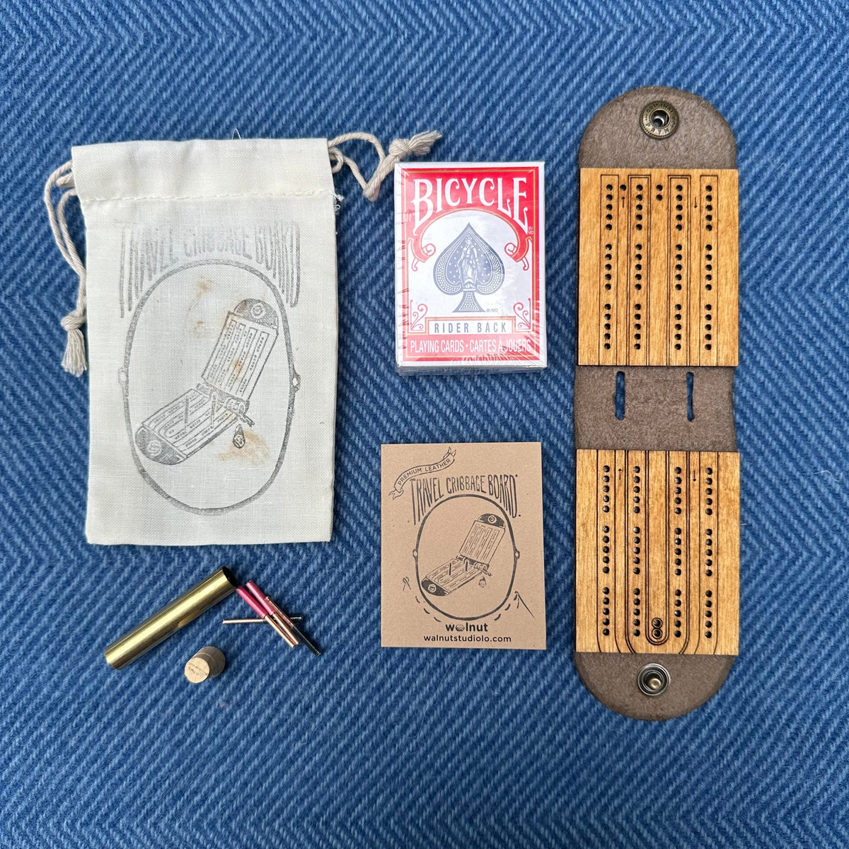 Walnut Studiolo AS-IS AS-IS SALE Original Travel Cribbage Board Peg Tube Cutouts Off-Center (Snap is Tight), New Wire Peg Tube, Factory-Stained Ultralight Gift Set with Light Imprint and Red Mini Deck (#005)