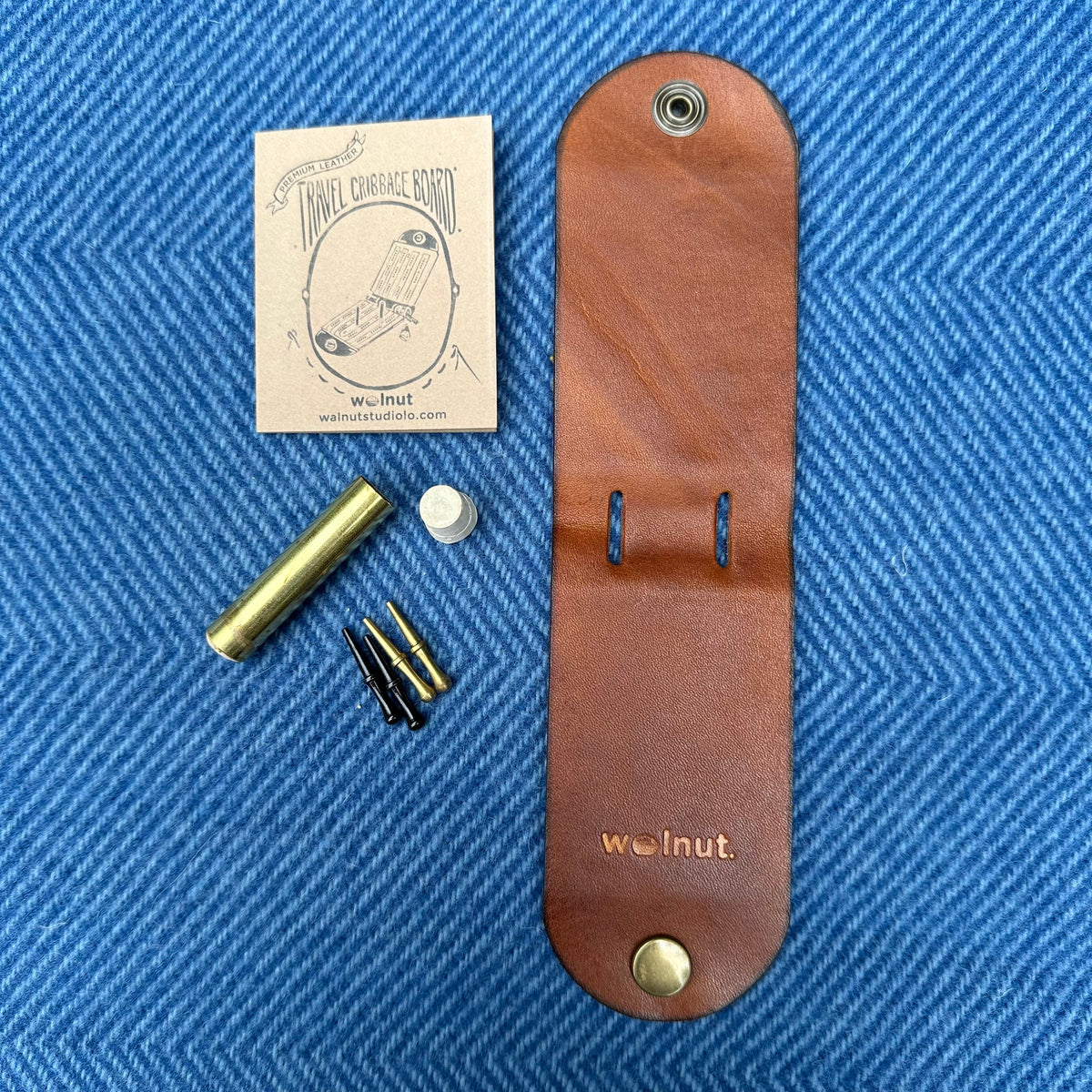 Walnut Studiolo AS-IS AS-IS SALE Original Travel Cribbage Board Rough Leather / Light Dye Color, New Cast Peg Tube, Board Only, 1 of 20 Similar to Picture (#007)
