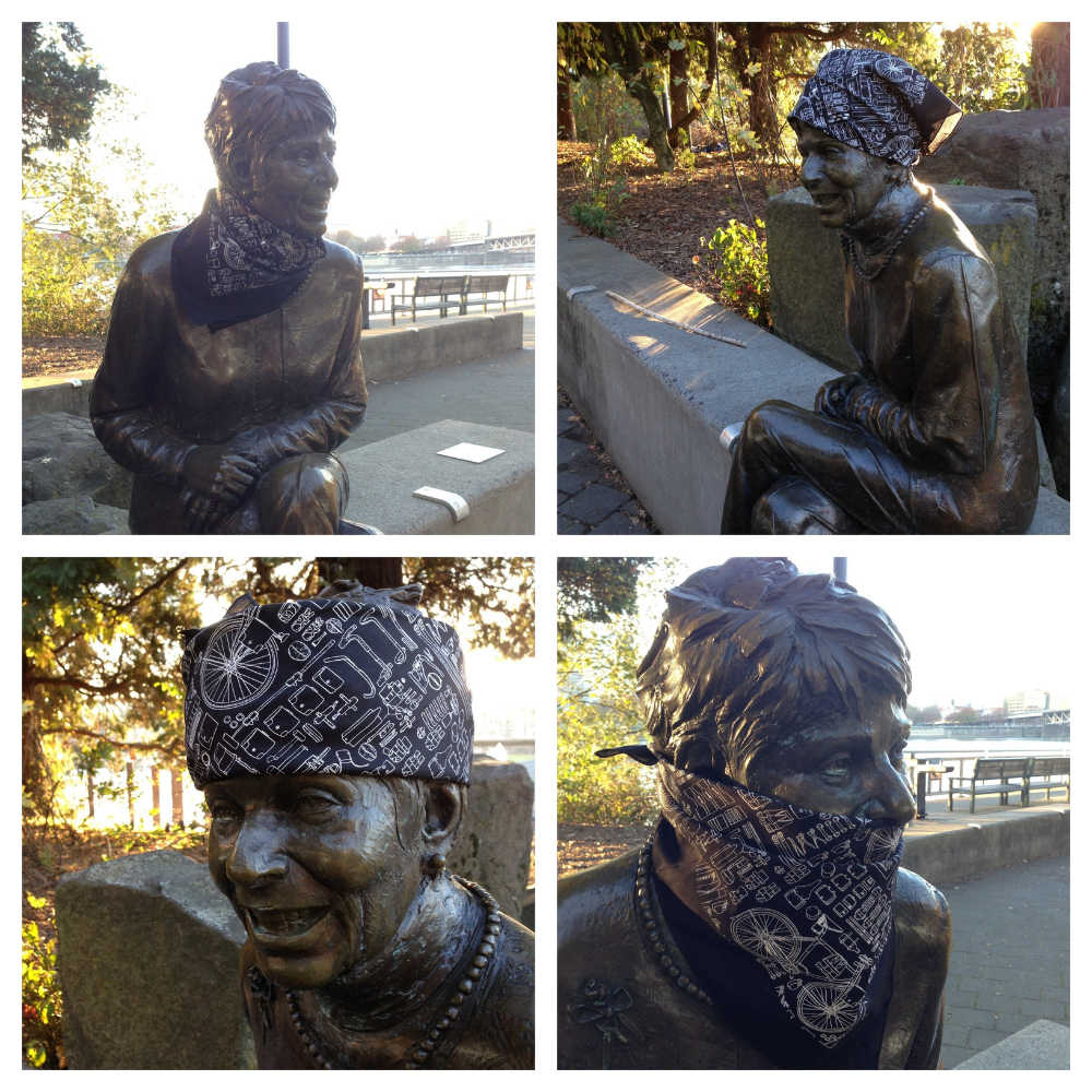 Four images of a bronze statue wearing a black bicycle print bandana shown clockwise: worn over the head, one worn over the mouth close-up, one worn folded over the head close-up, and one worn around the neck
