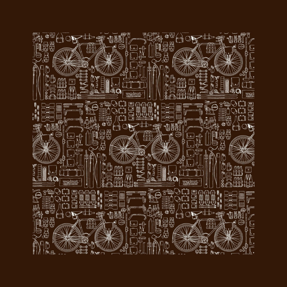Brown version of bicycle print bandana. Print is repeated with a thick black border and features a bicycle with a variety of walnut studiolo accessories. The drawings are of a technical blueprint style.