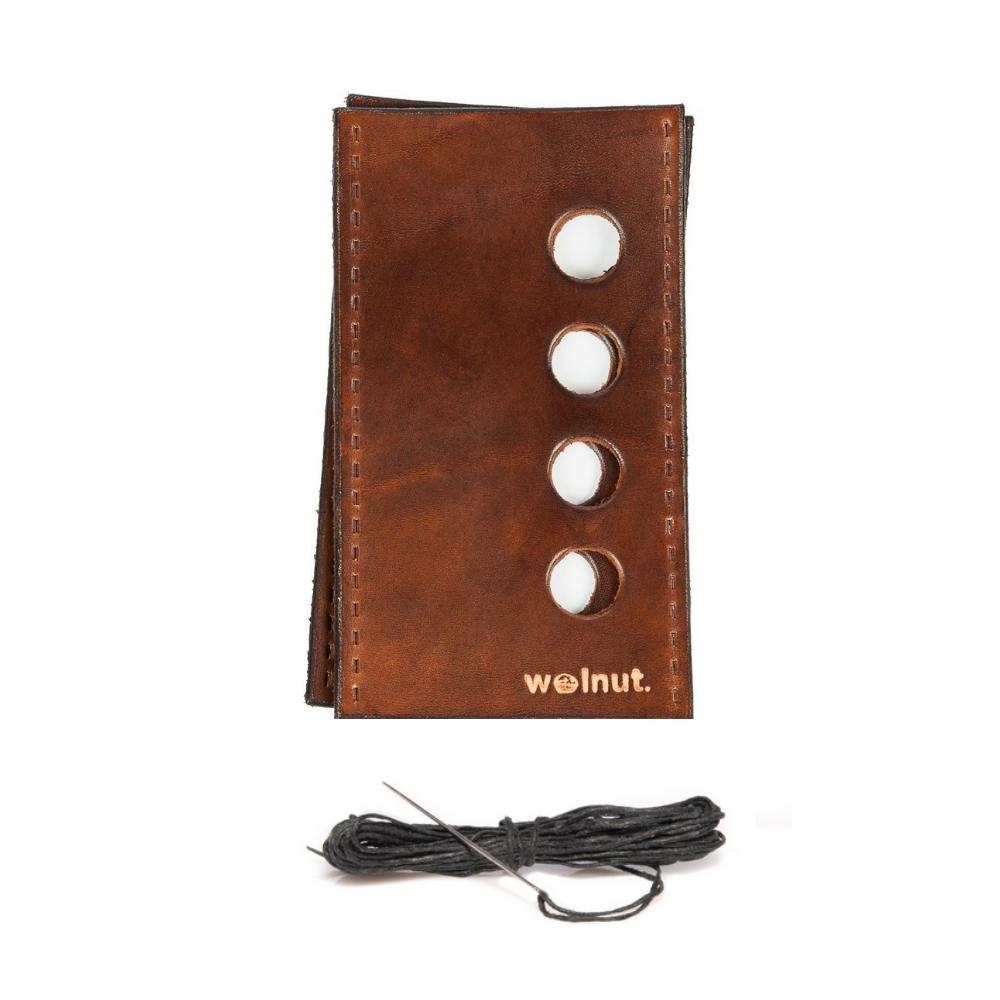 White background variant photo showing the product as it comes in the package: Dark Brown leather with black thread