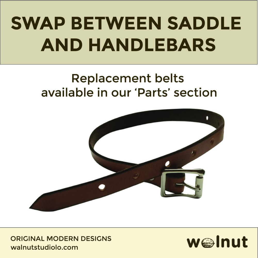 Dark brown leather replacement belt on white background. Header above reads &quot;Swap Between Saddle and Handlebars&quot;. Text below reads &quot;Replacement belts available in our &#39;Parts&#39; section&quot;.
