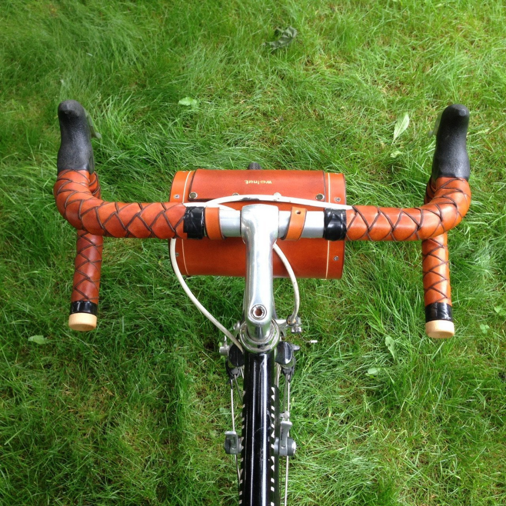 Top view of honey leather variant bicycle bag mounted on bike