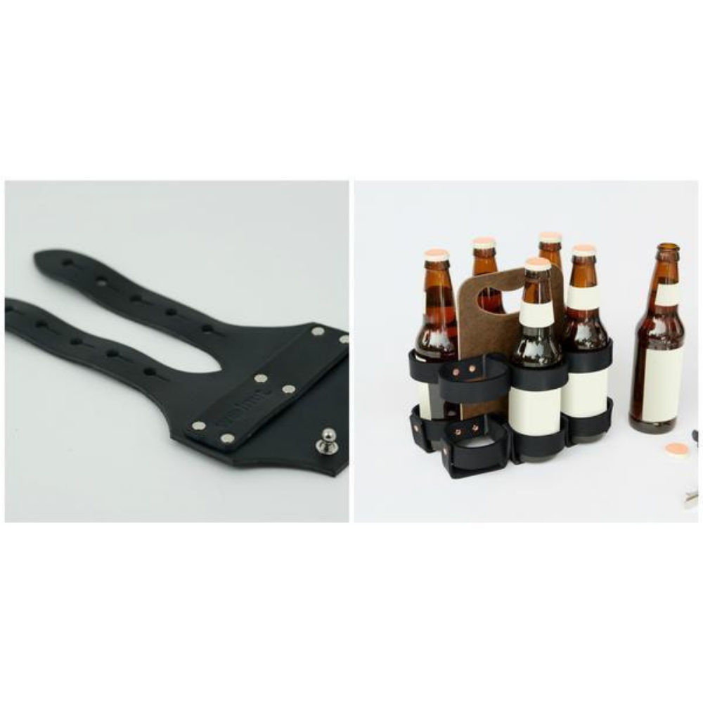 Two images of the bike beer combo. Left image is the black leather variant of the bike cinch laid flat. Right image is the leather beer holder holding five glass bottles of beer, with one open bottle placed to the side.