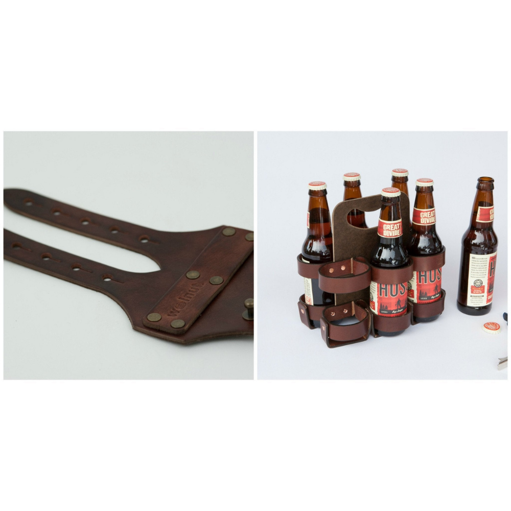 Photo collage showing the color variants of the Dark Brown option: a dark brown leather 6-pack bicycle beer carrier strap and a dark brown leather with bamboo Spartan Carton reusable 6-pack
