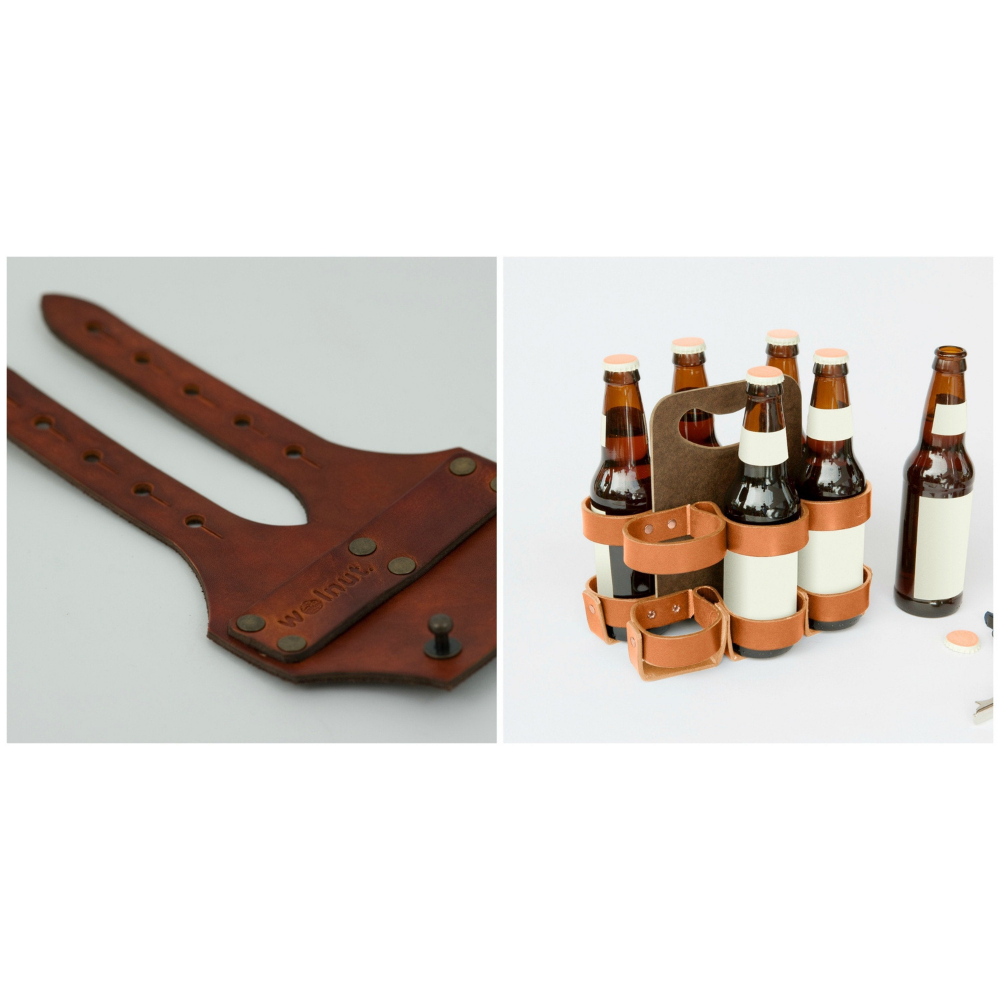 Two images of the bike beer combo. Left image is the dark brown leather variant of the bike cinch laid flat. Right image is the leather beer holder holding five glass bottles of beer, with one open bottle placed to the side.