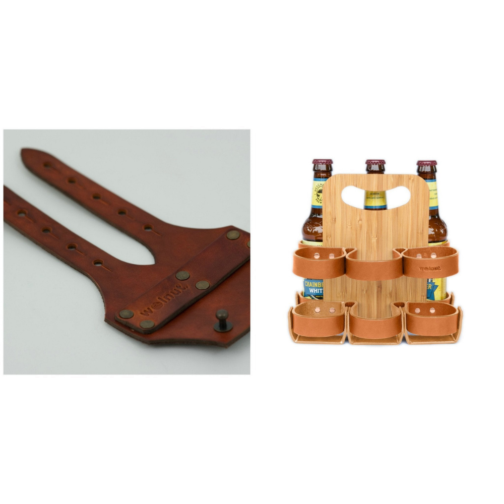 Two images of the bike beer combo. Left image is the honey leather variant of the bike cinch laid flat. Right image is the bamboo leather beer holder holding three glass bottles of beer in the exterior and three empty slots in the front.