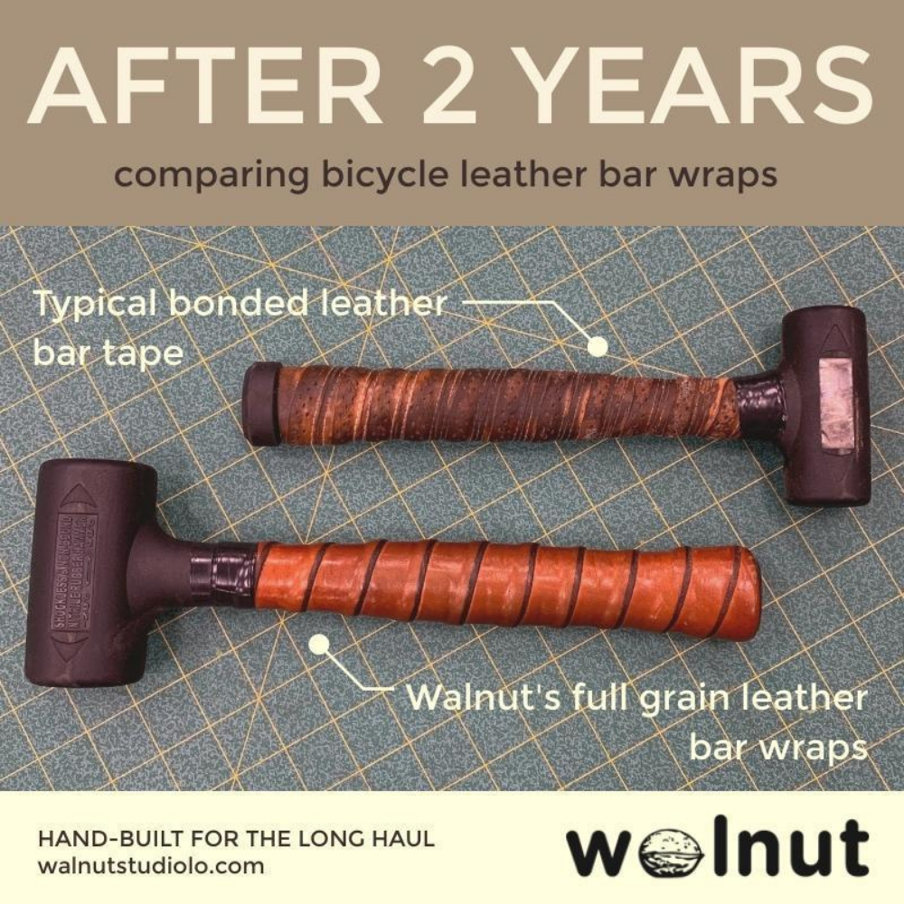 Infographic comparing two mallets. Each mallet&#39;s handle is wrapped in bicycle leather bar tape. and both have been in regular use for two years. The top mallet uses typical bonded leather and the bottom uses Walnut Studiolo&#39;s veg-tan leather and it looks much nicer and more beautiful after use. 
