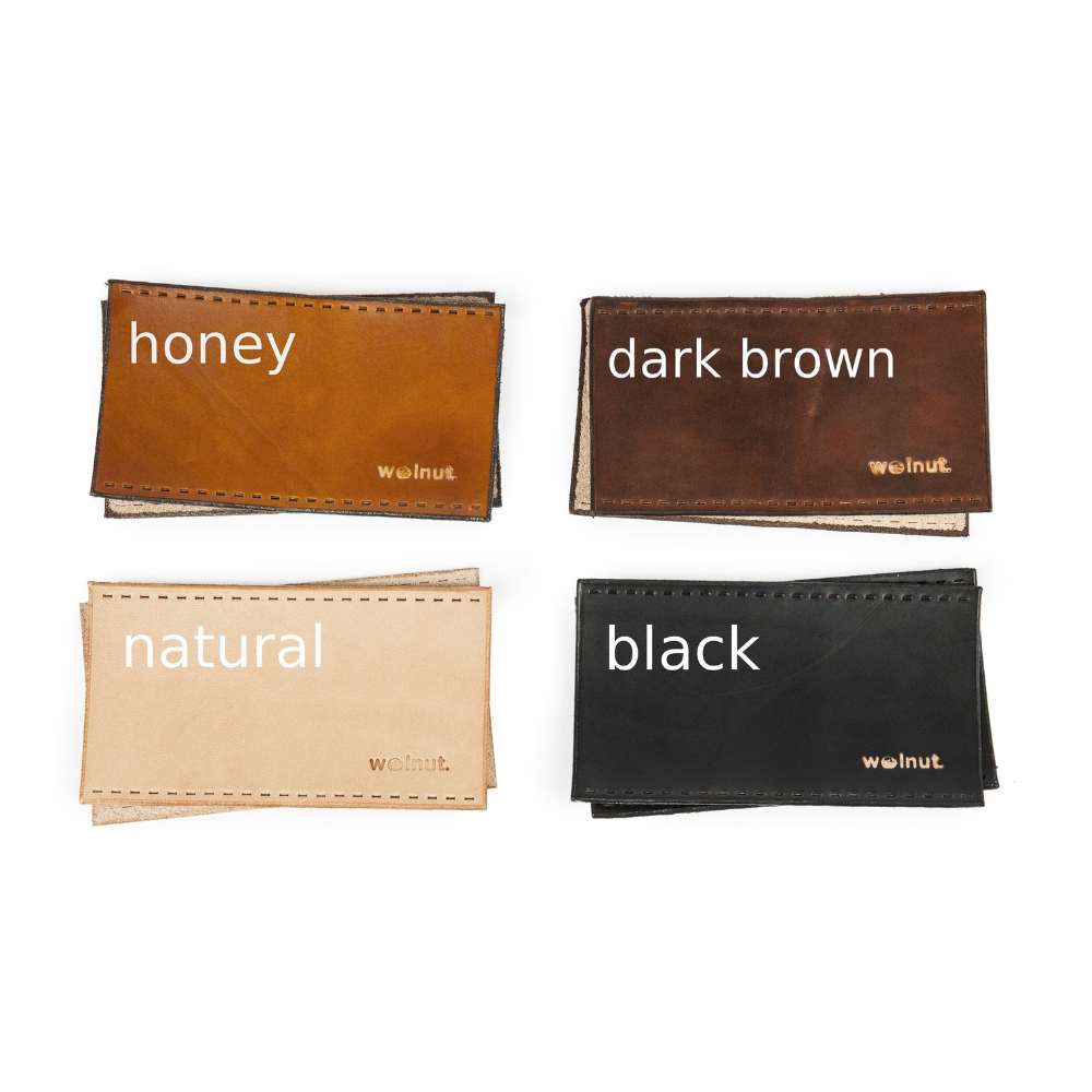 White background photo showing all four colors next to each other: natural, Honey, Dark Brown, and Black
