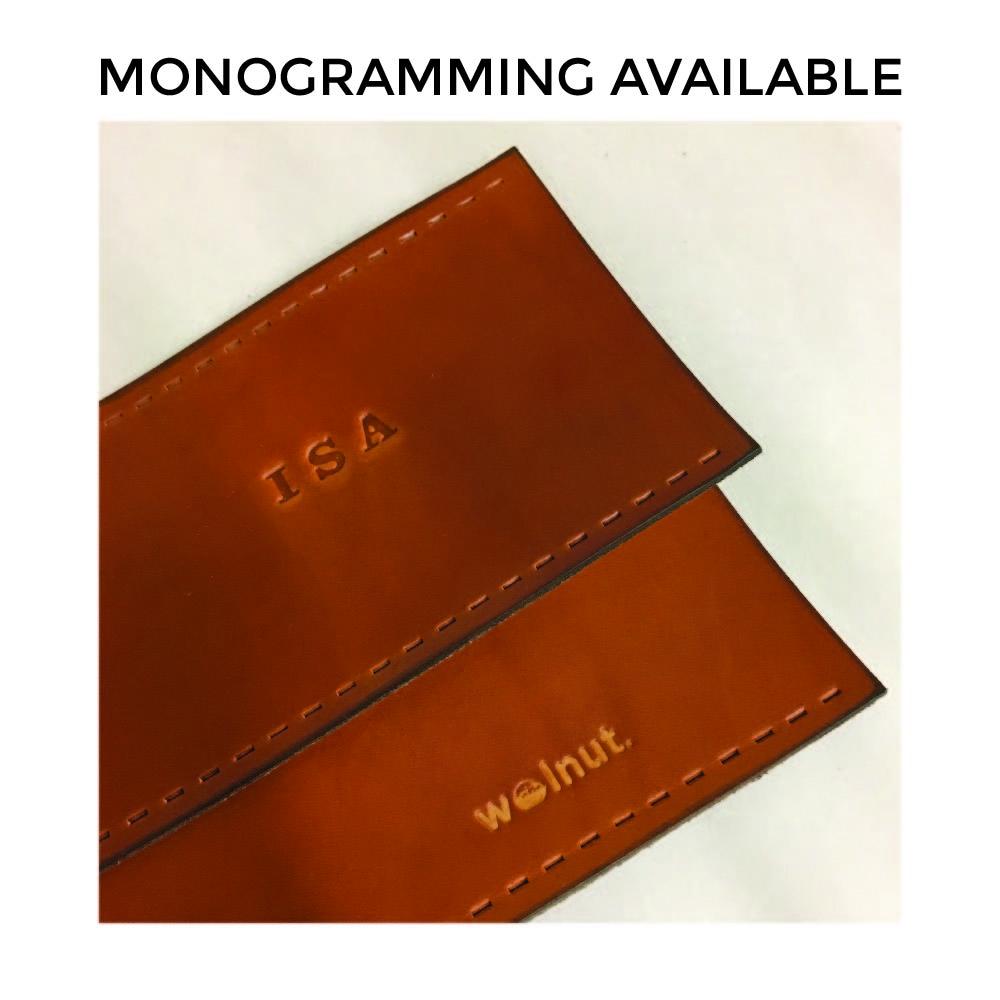 Title: &quot;Monogramming available&quot;. Photo shows honey sew-on leather bar wraps with debossed, stsamped-in monogram with a customer&#39;s initials. 