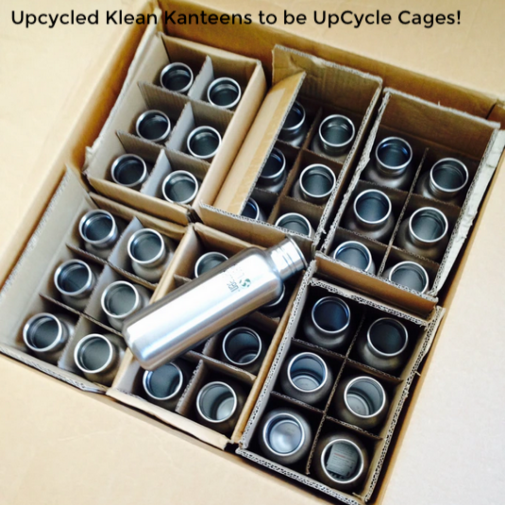 Open box of klean kanteens with the caption &amp;quot;Upcycled Klean Kanteens to be UpCycle Cages!&amp;quot;