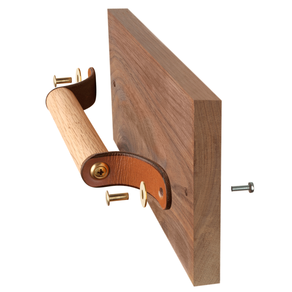 White background image showing how the Sellwood wood and leather handle is installed on a drawer surface. Holes are drilled through the wood, and the surfaceness head comes in the front, threaded screws on the back.
