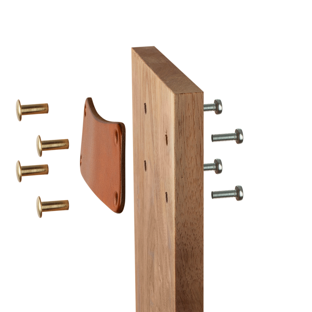 An &quot;exploded&quot; still image showing how the hardware is assembled for the bin pull using  surfaceless head Chicago screws in front of the drawer face and threaded back screws on the backside of the cabinet surface