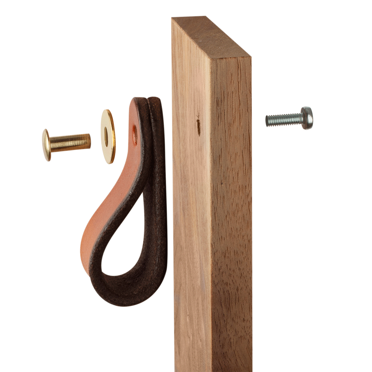 White background photo showing how the hardware is installed on a cabinet. The leather is folded in half to make a loop, and the surface Chicago screw comes in the front size of the cabinet through a hole. 