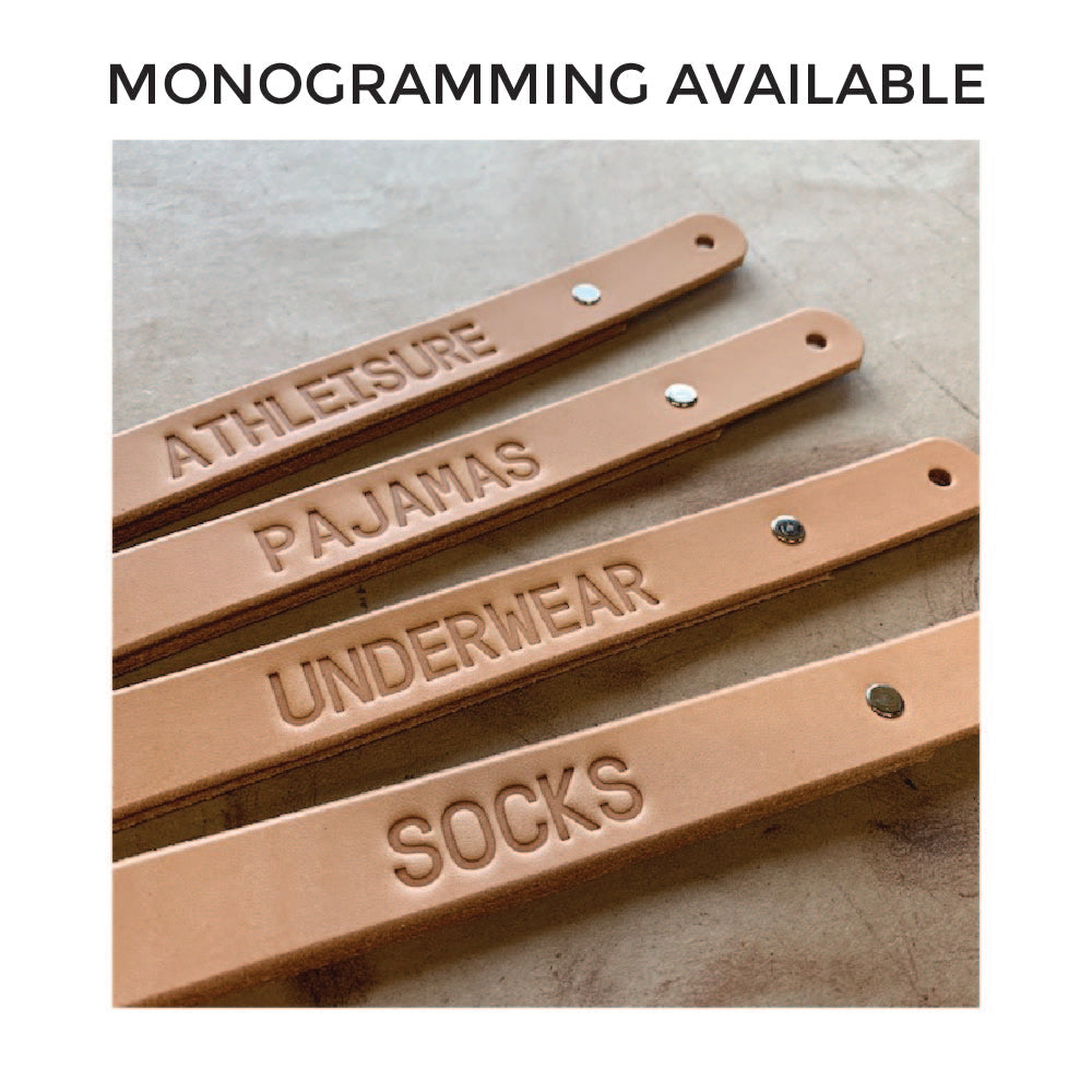 Title: &quot;Monogramming Available&quot;. Shows that letters can be de-bossed (stamped into) the leather for a custom message on each handle.