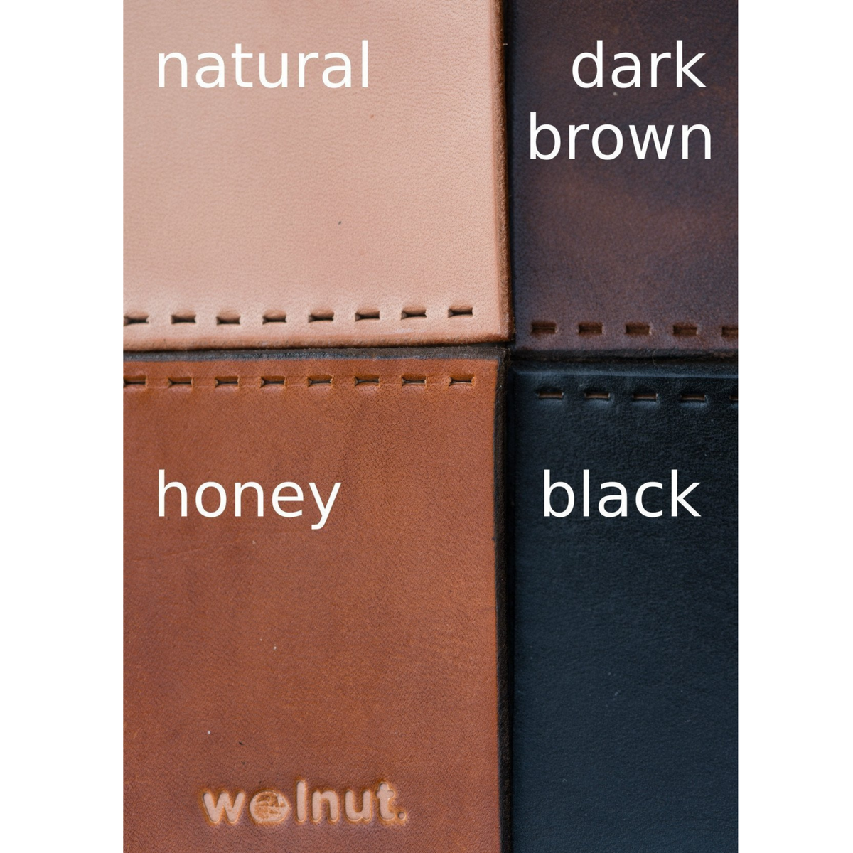 Leather color swatch showing all four colors in natural outdoor light: natural, honey, dark brown, and black