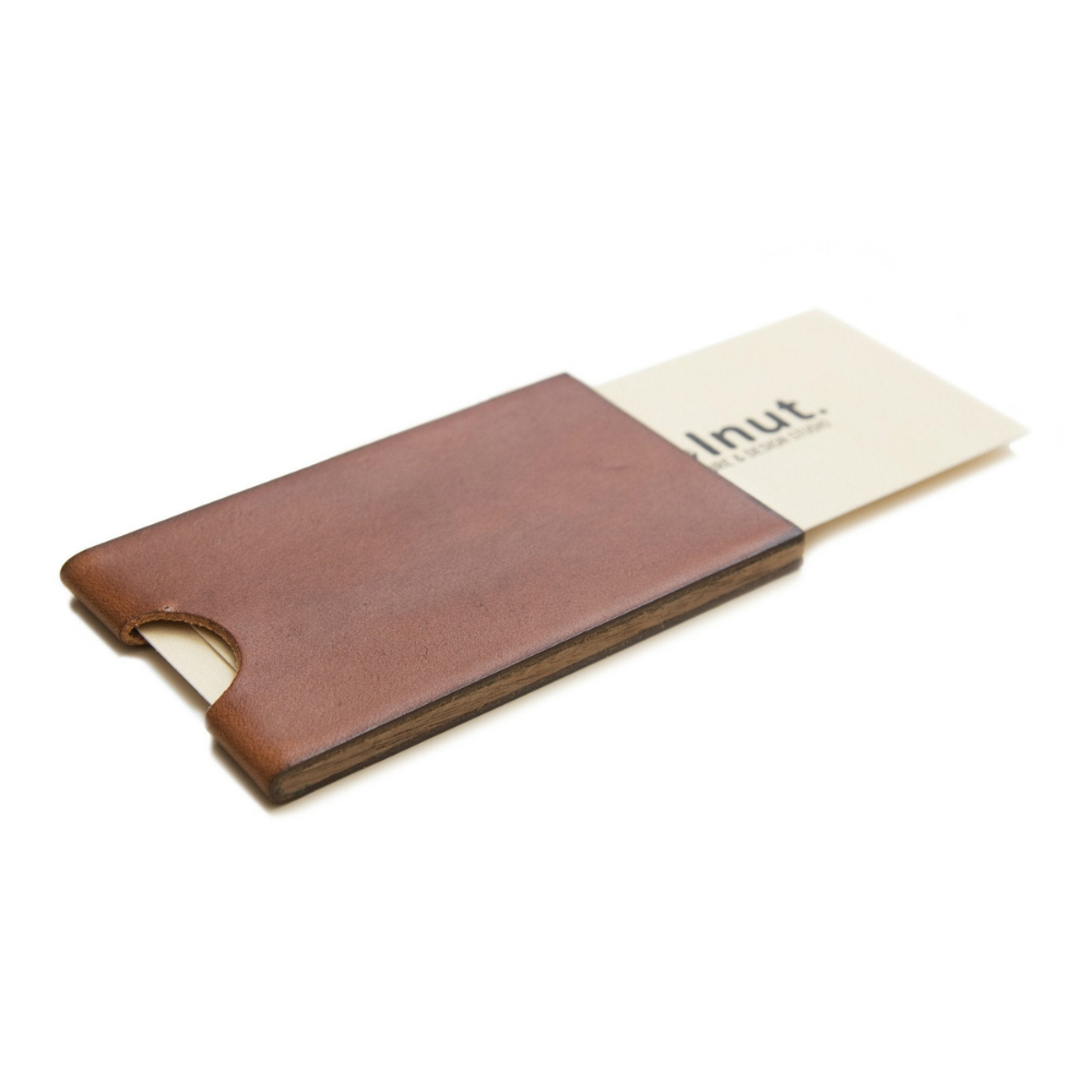 Dark brown leather card case with &quot;walnut&quot; business cards