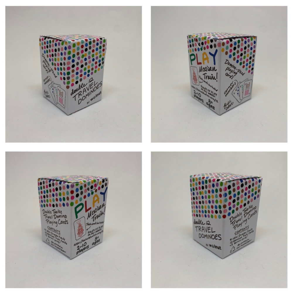 Photo collage of four different angles of the Domino-sized Double 12 Travel Domino Playing Cards Box.