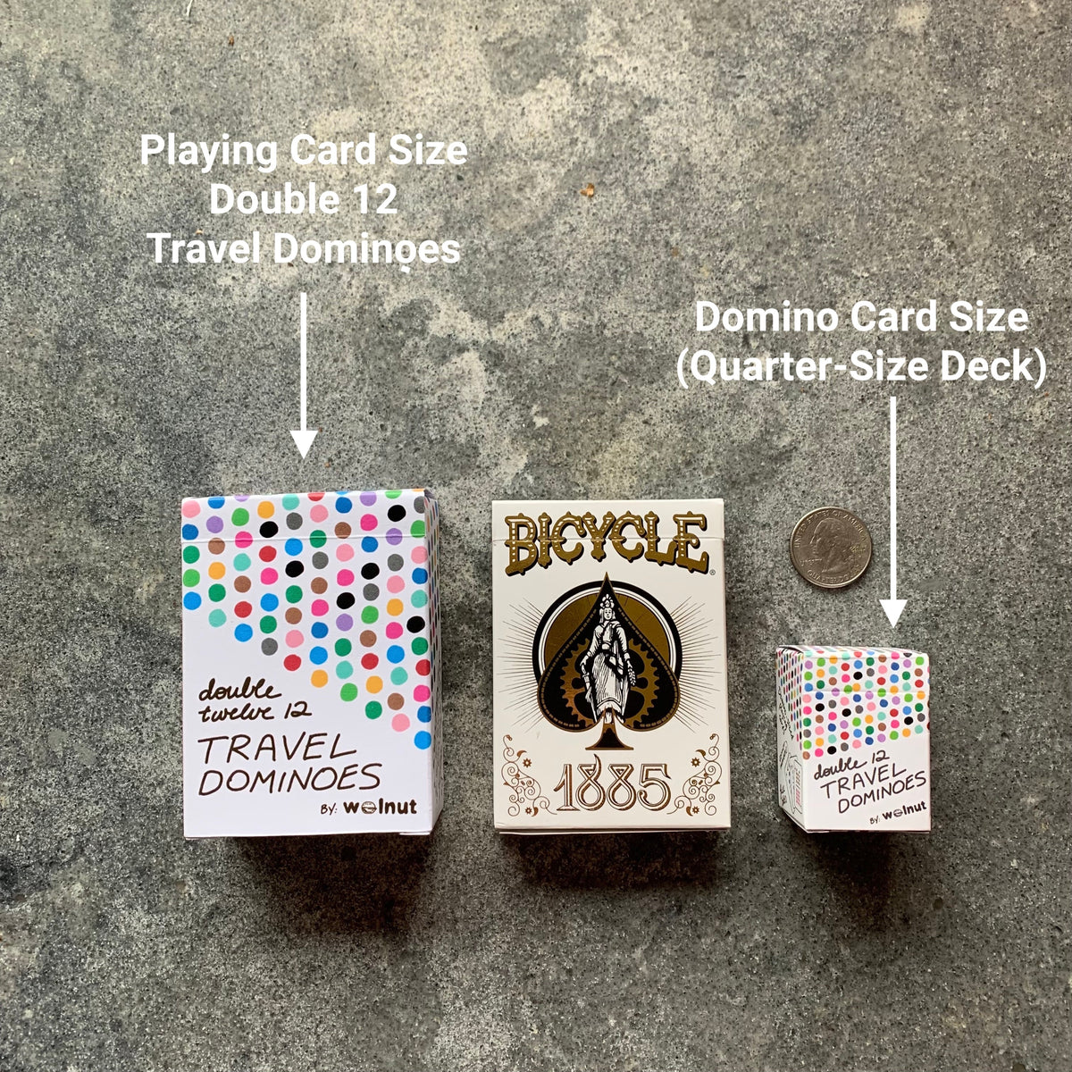 Comparative photo with a quarter for scale. Double 12 travel domino playing cards in playing card size and domino card size. 