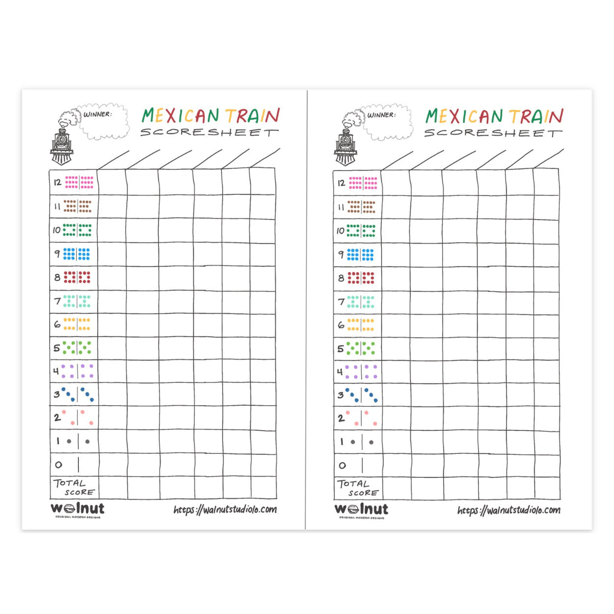 Example of free printable Mexican Train scoresheet