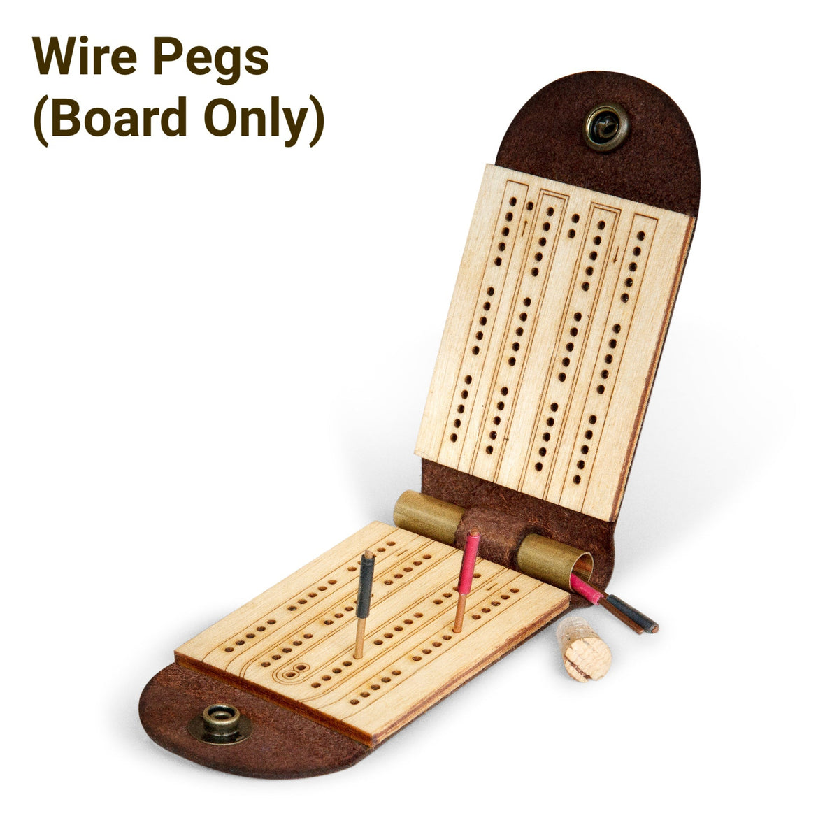 Folding leather travel cribbage board, open and unhinged, showing copper wire metal pegs in red and black finishes in peg holes, The pegs are made from electrical wire available at hardware stores. There is also an uncorked brass storage tube.