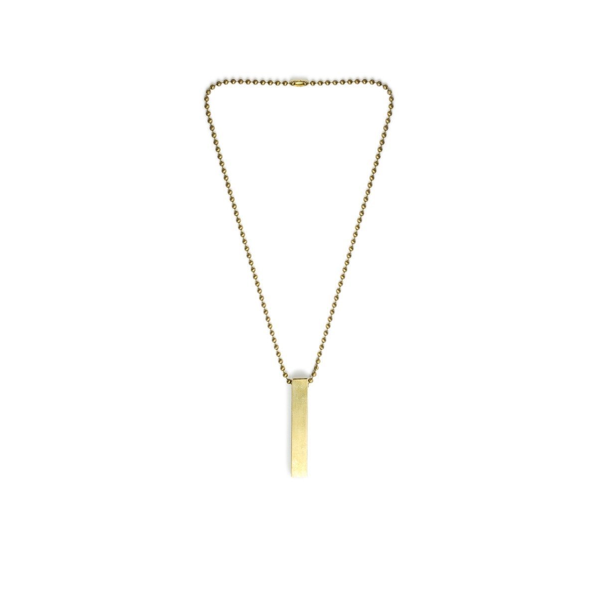 White background photo showing the brass travel dice storage tube on a full length necklace of brass beaded chain for scale. 